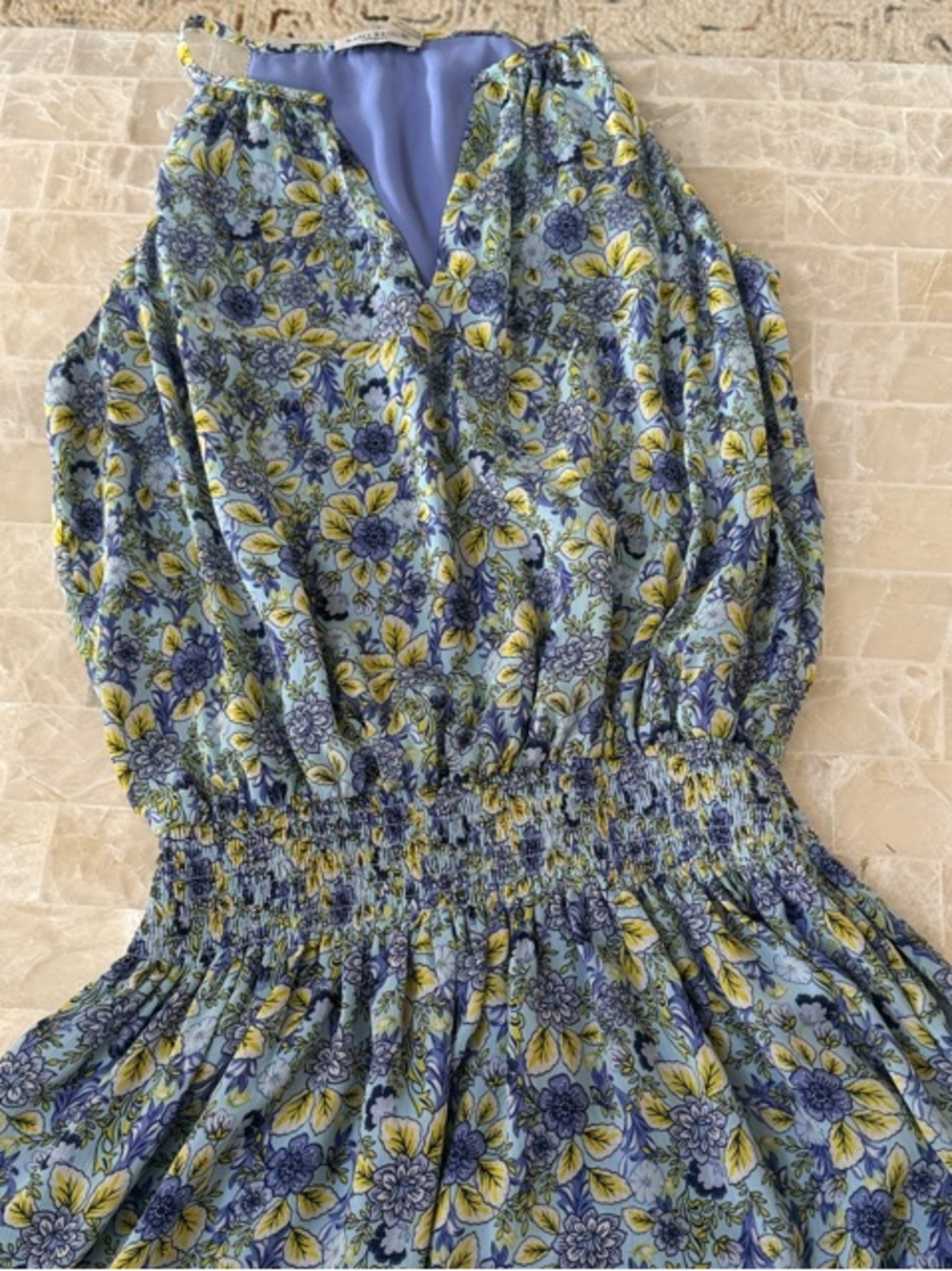 Ramy Brook Blue and Yellow Floral Smocked Mini Dress